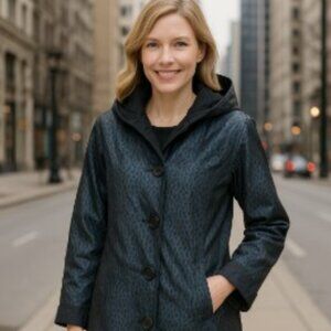 JONES NEW YORK Women's REVERSIBLE Jacket Large Black/gray speckled Trench Coat